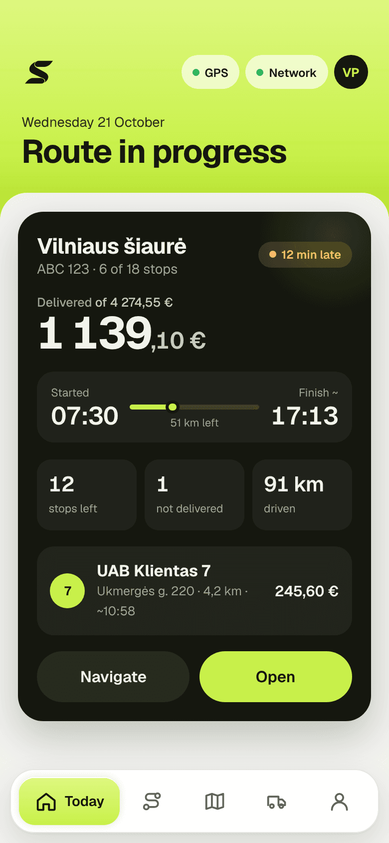 SaleMile driver app: today's route