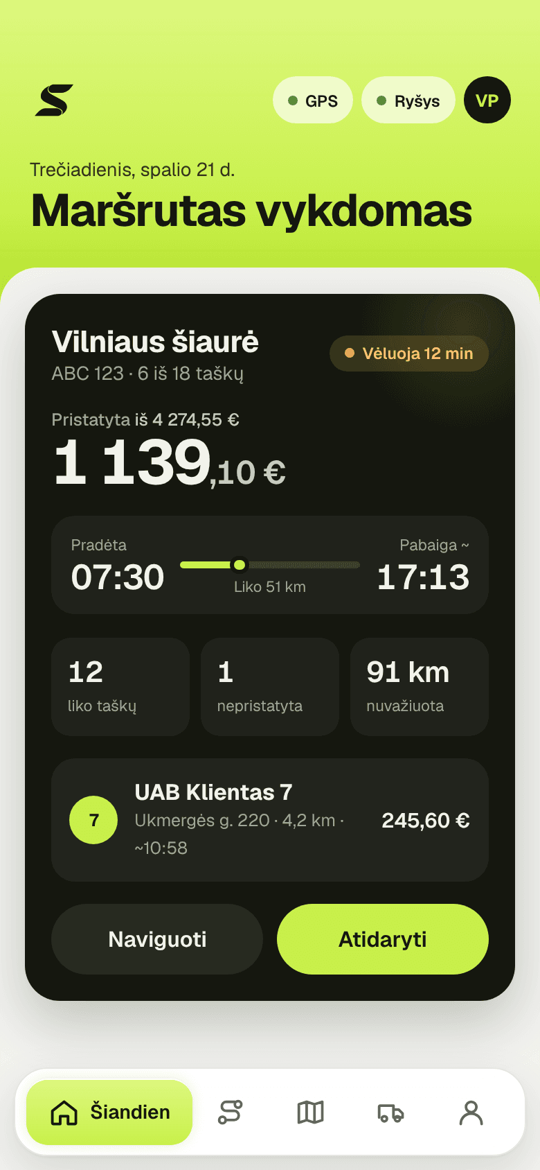 SaleMile vairuotojo programėlė: šiandienos maršrutas